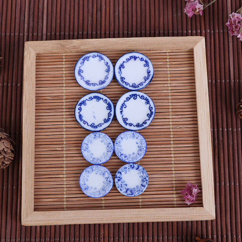 15Pcs/set Cute Blue Mini Dollhouse Ceramic Printing Tableware Bowl Food Dishes Plates Kitchen Toy