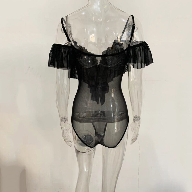 BKLD-Combinaison de batterie noire sexy pour femme, maille transparente, col en V, sangle spaghetti, dos nu, haut blanc, été, 2020
