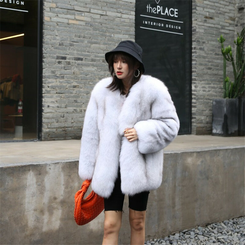 Real casaco de pele de raposa mulheres inverno grosso completo pelt casaco de pele feminino manga longa alta qualidade festa wear c78