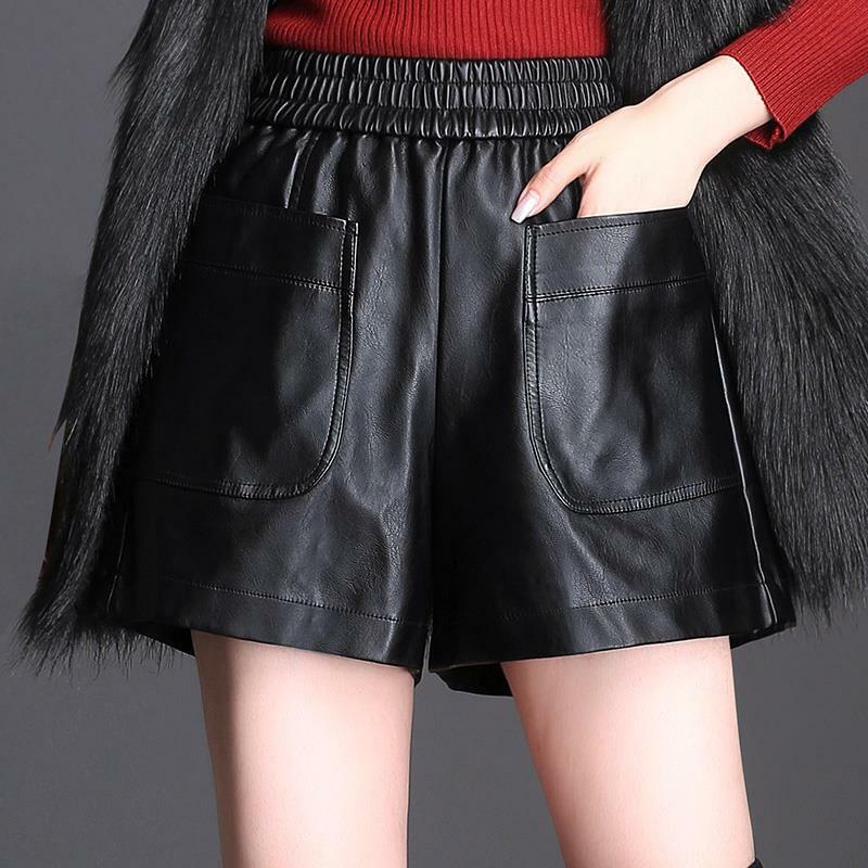 Короткие женские кожаные шорты осень-зима с высокой талией в Корейском стиле свободные широкие брюки размера плюс эластичные женские шорты с высокой талией