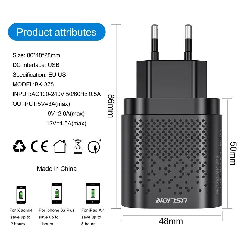 Uslion-EU EU Plug Carregador USB, Carregadores Rápidos de Parede, Carregamento Rápido 3.0, Celular, iPhone 11, Samsung, Xiaomi, 4 Portas, 48W, 3A