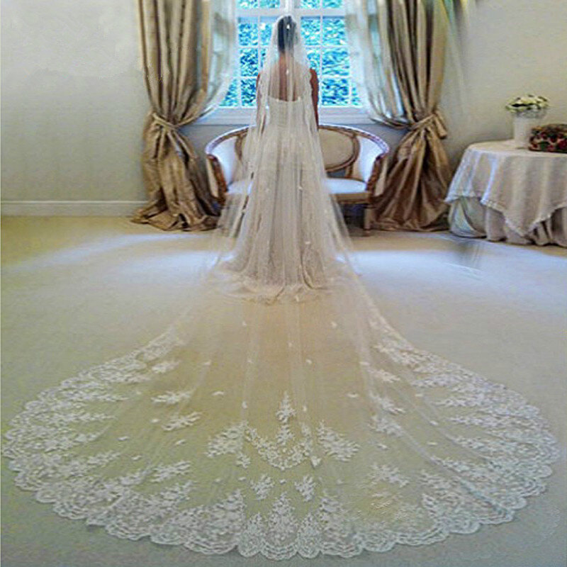 Em estoque 4 metros longo véu de casamento véus de noiva branco/marfim borda do laço com pente acessórios de casamento véu soiree 6 orders