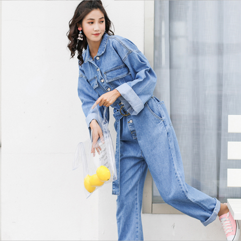 Macacão jeans de manga longa feminino, calça casual no comprimento do tornozelo com cinto, macacão jeans, macacão feminino, moda, outono, primavera, 2019
