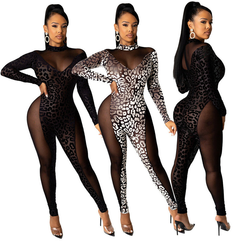 See-Through Mesh Patchwork Leopard Print Sexy Overalls for Women Festival Clothing Night Club Party Rompers Womens Jumpsuit Body