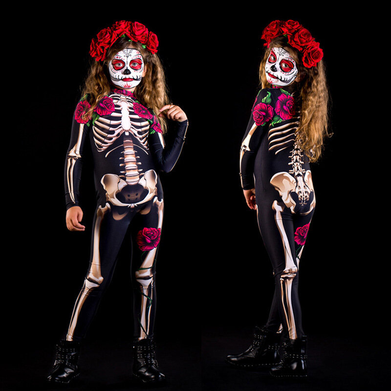 Adult Kid Mother Daughter Halloween Costumes for Women Skeleton Pink Rose Sexy Skull Scary Cosplay Suit Girl 3D Print Bodysuit