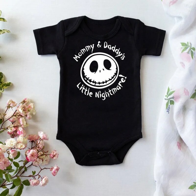 Fato de Halloween do bebê, macacão peça única, estampa de pesadelo da mamãe e do papai, macacão de bebê, roupas, moda verão