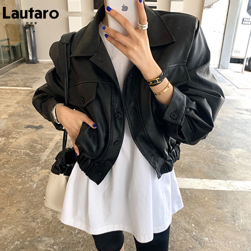Lautaro wiosna jesień krótki czarny wodoodporny miękkie światło Faux skórzane kurtki dla kobiet z długim rękawem fajne odzieży mody 2022