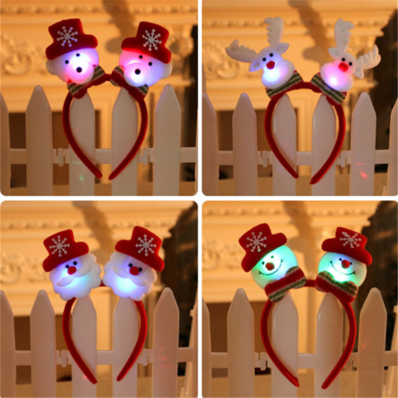 Diadema con luz LED para Navidad, cinta para el pelo de Papá Noel, Reno, muñeco de nieve, oso, accesorios para el cabello, doble brillo, novedad