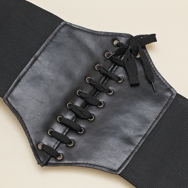 Ultra Plus Wide Belt Front Tie Up Leather Elastic Corset Belt Women Faux Waist Belt All Match Dress Girl Clothes Decoration