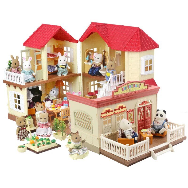 Set Mini Villa Hewan Hutan Mainan DIY Mainan Furnitur Simulasi Mainan Rumah Mainan Anak Perempuan Model Keluarga Hadiah Taman Sekitarnya