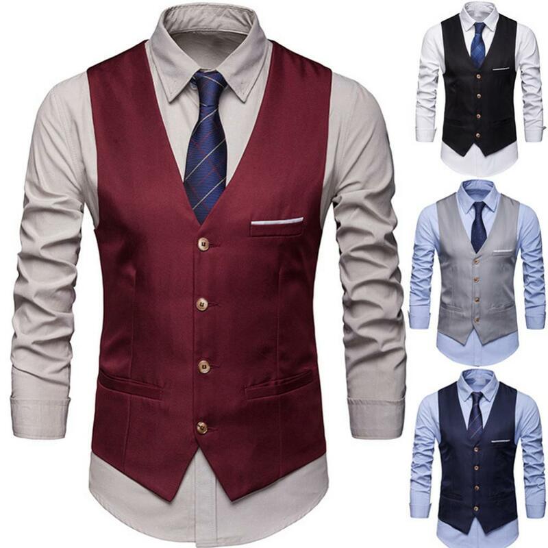 Fashion Formal Men Vest Solid Color Suit Vest Single Breasted Business Waistcoat