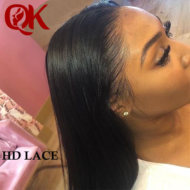 QueenKing włosów niewidoczne przezroczyste 13x6 supercienkie HD peruki typu Lace Front brazylijski proste czarne koronki przodu peruki z włosów ludzkich