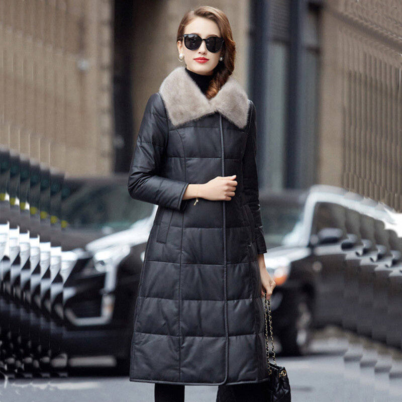 Leather Down Jacket Women's Autumn Winter Medium Length Sheepskin Coat Mink Fur Collar Leisure Slim Down Coat