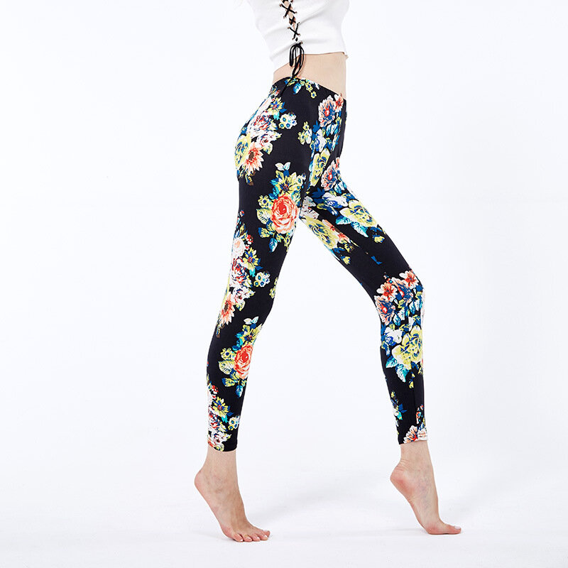 YRRETY Floral wydrukowano legginsy Push Up damskie spodnie do fitnessu elastyczny spandeks trening dzianiny Plaid kostki poliester dół