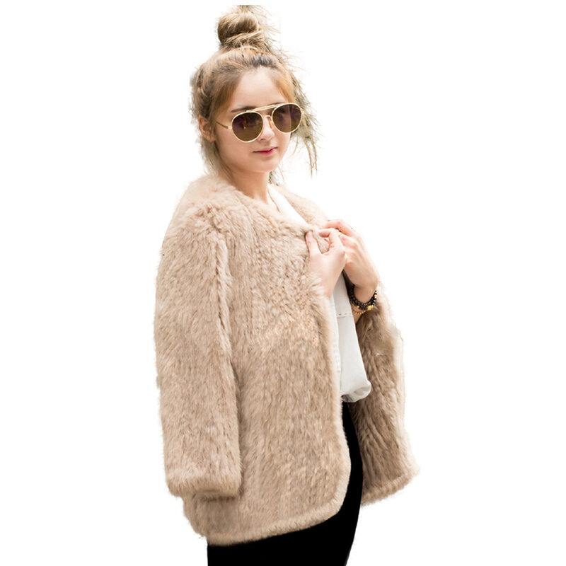 Harppihop*Rabbit fur knit fur jacket  autumn and winter women's mid-length cardigan rabbit fur jacket