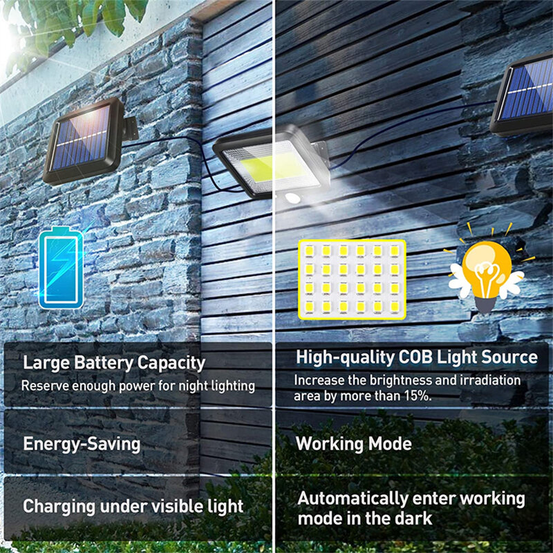 COB LED Solar Powered Light Sensor de movimento PIR ao ar livre Luz solar à prova d'água Wall Emergency Lâmpada de segurança de rua para jardim