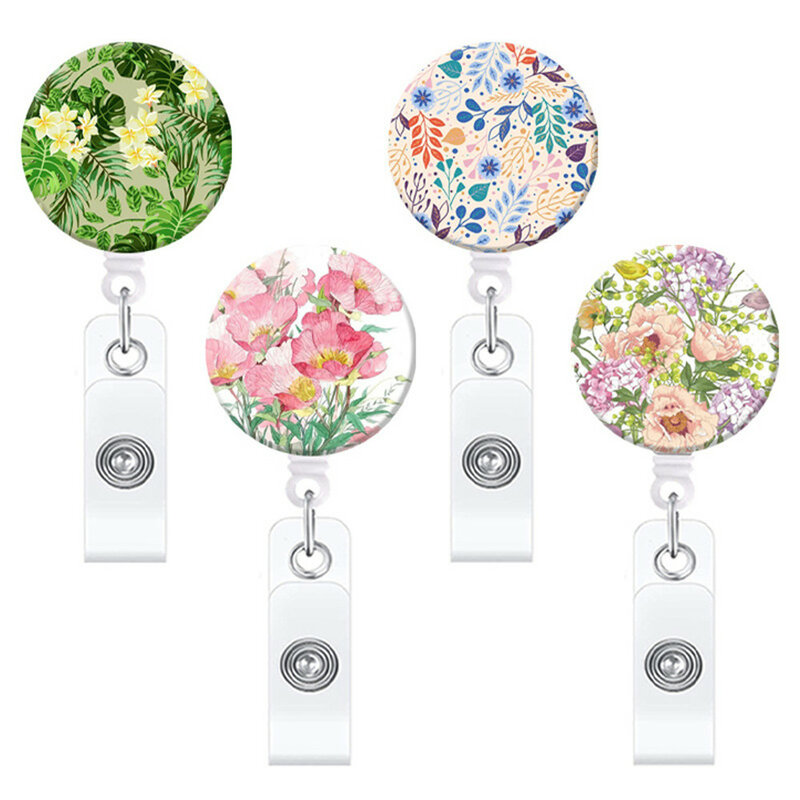 Oil Painting Flower Retractable Nurse Badge Reel Clip Students Doctor ID Card Holder Crocodile Clip New Year Christmas Gifts 1PC