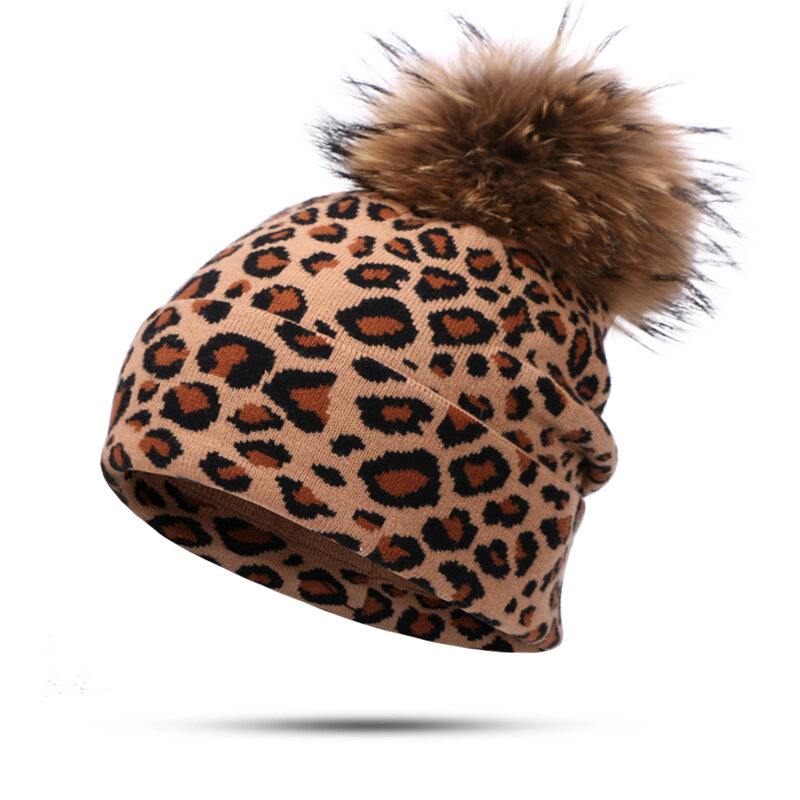 Chapéu e cachecol estampa de leopardo, moda outono inverno, gorro duplo, chapéus para mulheres, cachecol quente com elasticidade, chapéu de pompom