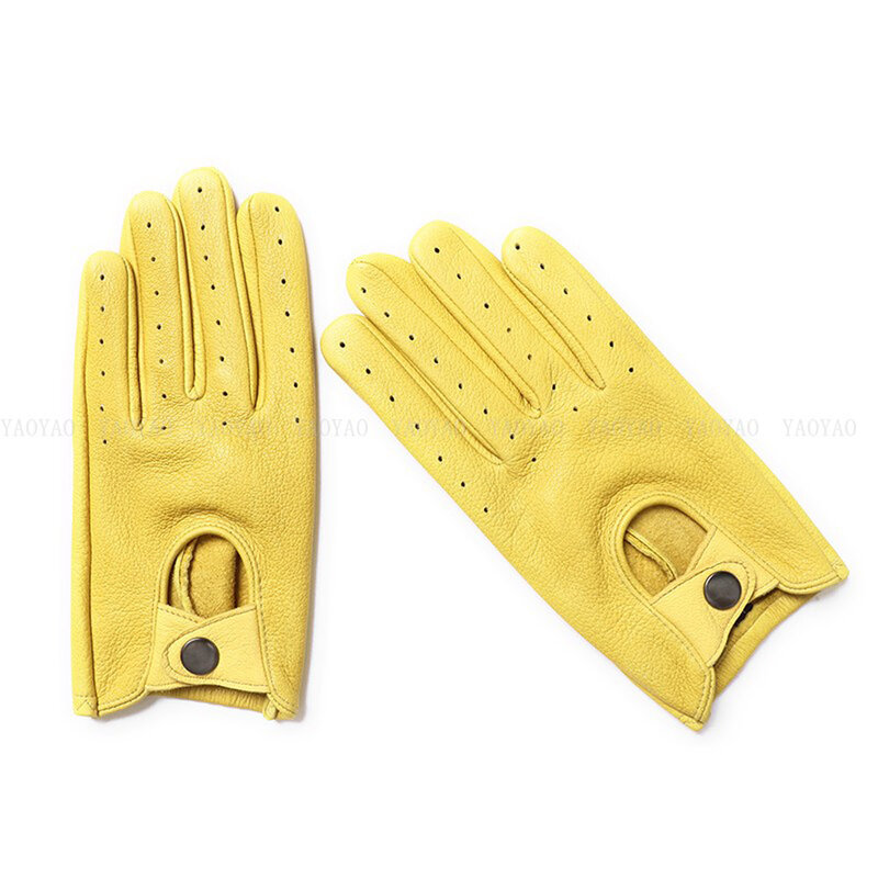 Stylish Women Genuine Leather Thin Gloves Female Full Finger Pure Sheerkin Driving Locomotive Luvas Guantes Mujer Yellow/Black