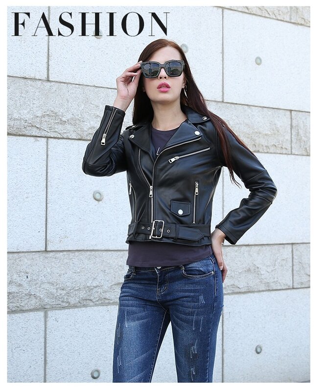 Frete grátis jaqueta curta couro legítimo feminina motociclista primavera plus size jaqueta de pele de carneiro clássica