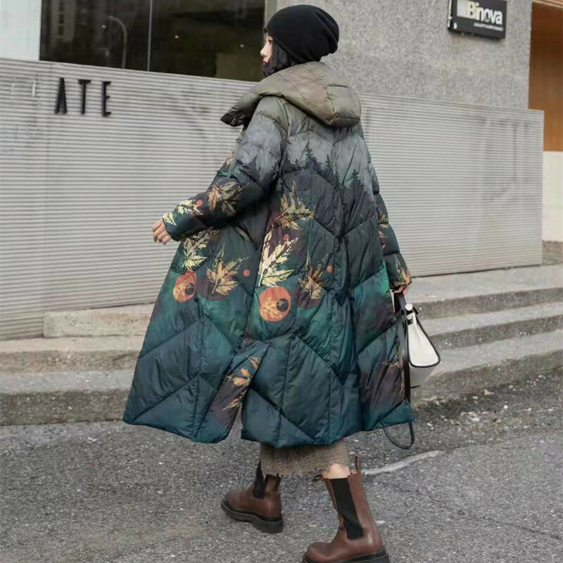 Ethnic Style Printed Down Coat Fashion Winter Parkas Long Hooded Oversized Thick White Duck Down Jacket Loose Warm Puffer Jacket