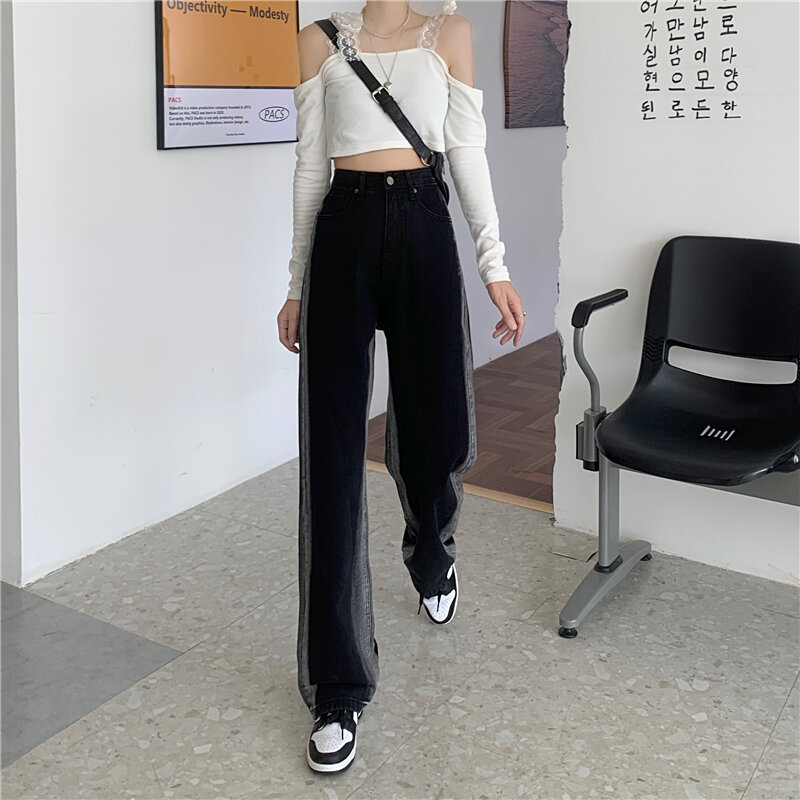 Mulher esfregando jeans baggy contraste cores listra lateral moda quente harajuku vintage streetwear gótico lazer hipsters diariamente