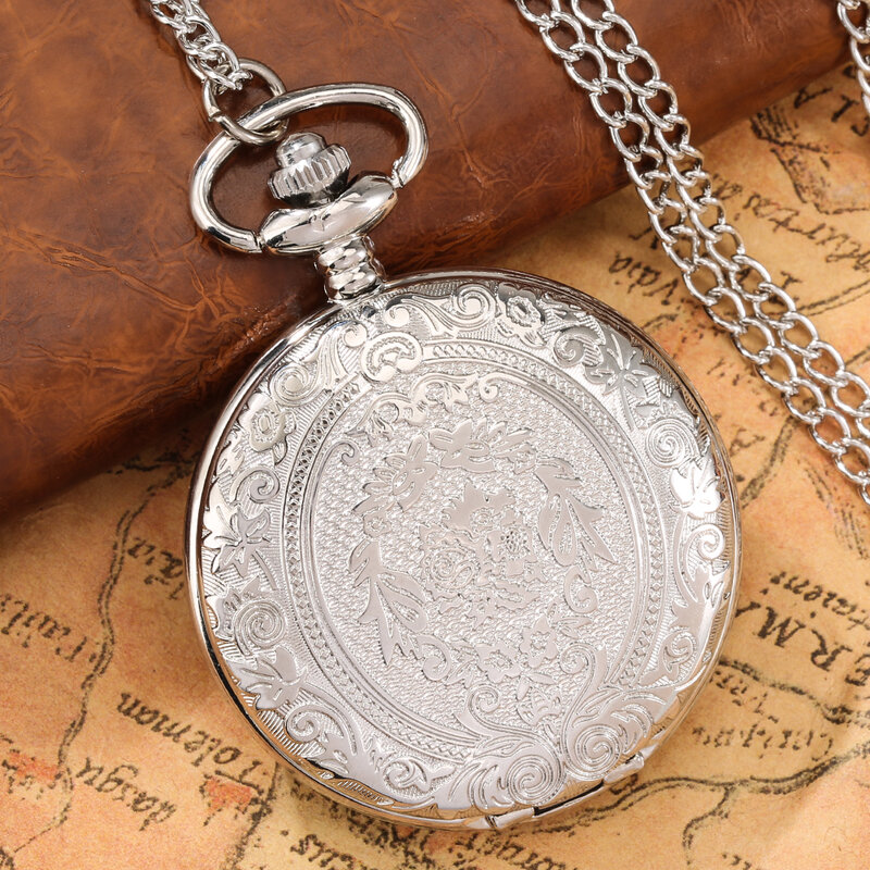 Vintage Exquisite Floral Pattern Quartz Necklace Pocket Watch Arabic Numerals Dial Black/Silver/Bronze Retro Pocket Clock