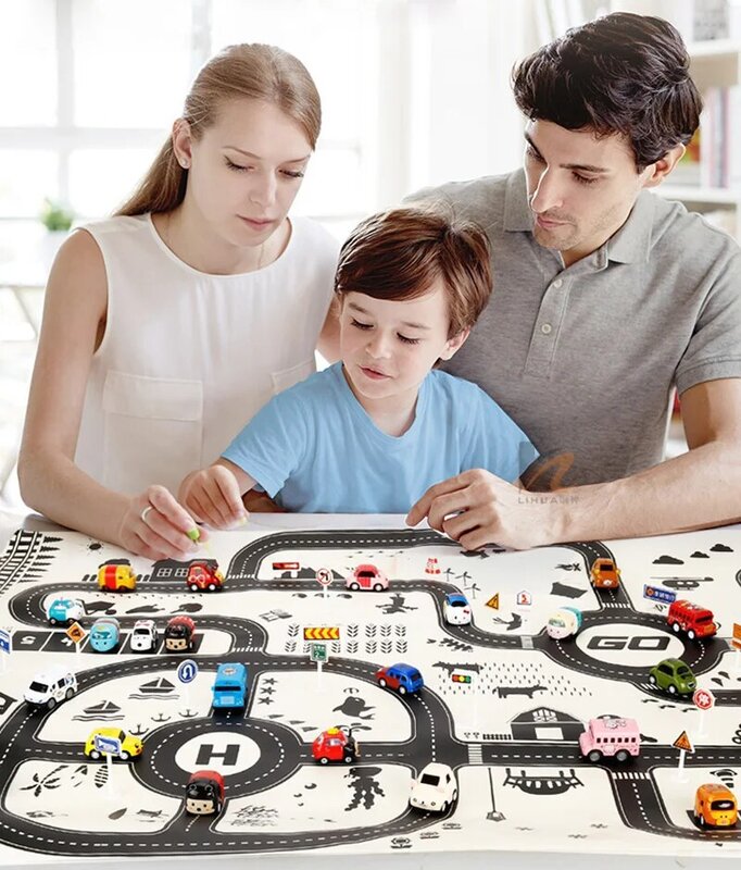 Alfombrillas de juego para bebés y niños, alfombra de 100x130cm, con señal de tráfico, pista de coche, juguete de actividades, ideal como regalo para gatear