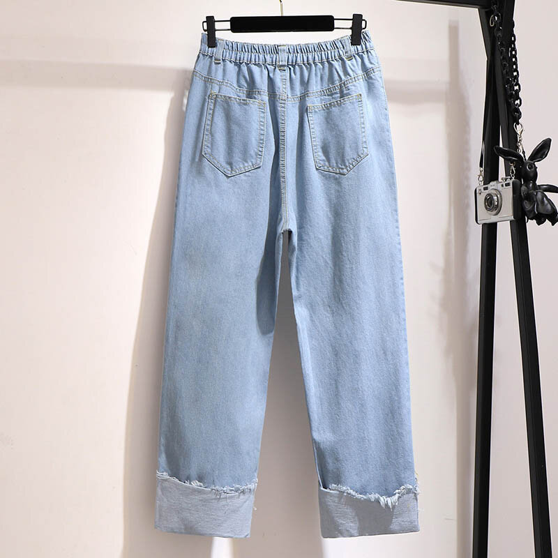 Jeans com letras trituradas para mulheres, perna larga solta, quadril azul, primavera, 150kg plus size, 154cm, 5XL, 6XL, 7XL, 8XL, 9XL
