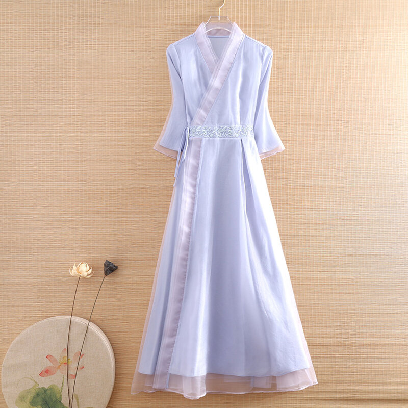 Alta qualidade primavera outono estilo chinês organza hanfu vestido bordado v-neck 3/4 mangas retro elegante cinto vestido feminino S-XXL