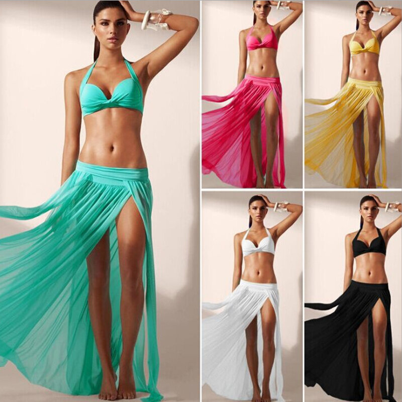 New Summer Sexy Women Beach Cover Ups Chiffon Dot Long Skirts Swimsuit Ladies Mesh See-through Long Maxi Skirts Beachwear
