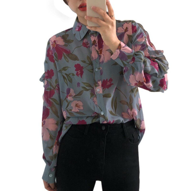 Jesień New Arrival bluzki damskie modne kwiatowe nadruki dekolt w serek szyfonowa koszula z długim rękawem topy