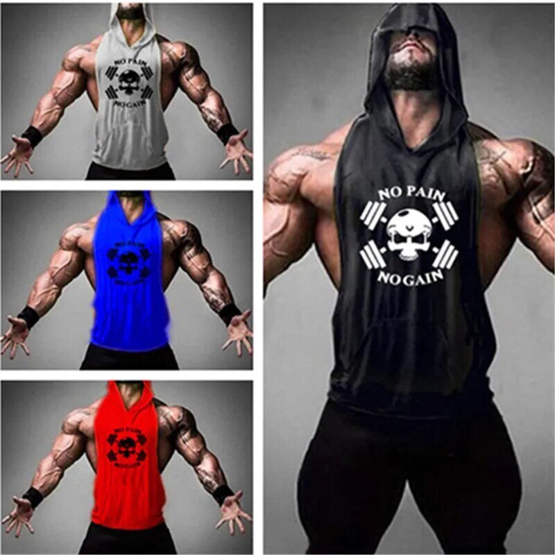 Mężczyźni kamizelka Fitness 2020 mężczyźni Muscle Print bluza z kapturem bez rękawów kulturystyka podkoszulek sportowy kulturystyka mocno schnące topy