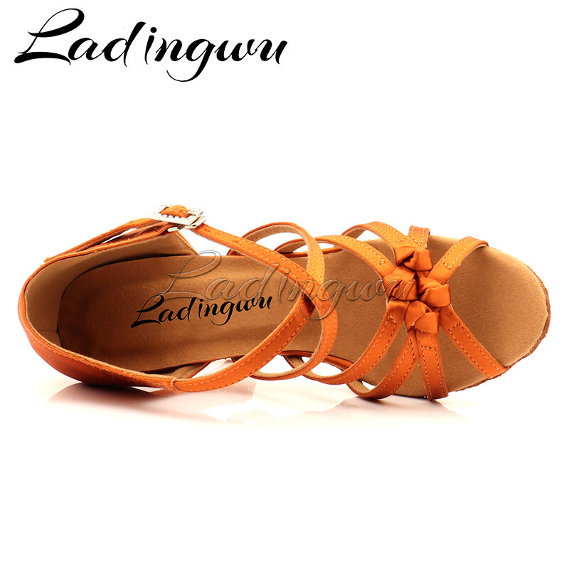 Ladingwu zapatos de baile latino de satén de seda de bronce, zapatos de baile de Salsa con nudo de cuatro bandas, zapatos de baile de salón y Tango