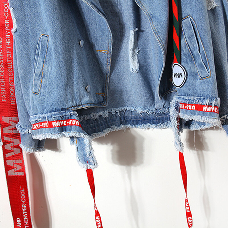Giacca di Jeans donna 2023 New Harajuku Streetwear Hip Hop lettera ricamo nastro Jeans femminili cappotto taglia Chaqueta De Mujer