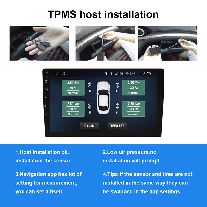 Sensor externo interno de neumáticos de repuesto TPMS Android, reproductor de DVD de Radio de coche, sistema de monitoreo de presión de neumáticos, USB