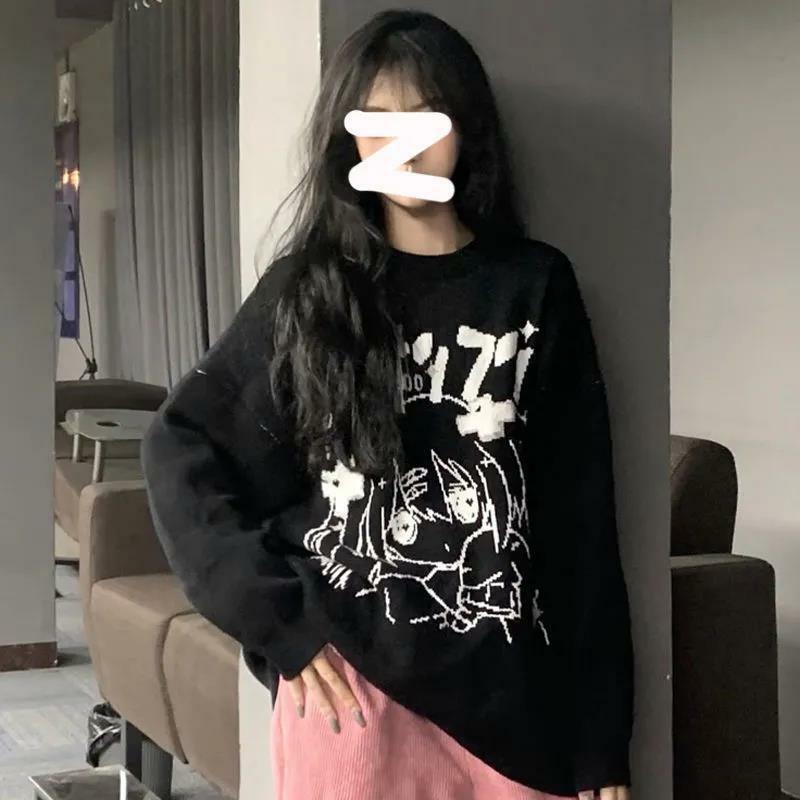 Mantel Rajutan Streetwear Sweter Pakaian Korea Antik Atasan Y2k Longgar Pakaian Musim Dingin Lengan Panjang Jumper Wanita Pulover Anime