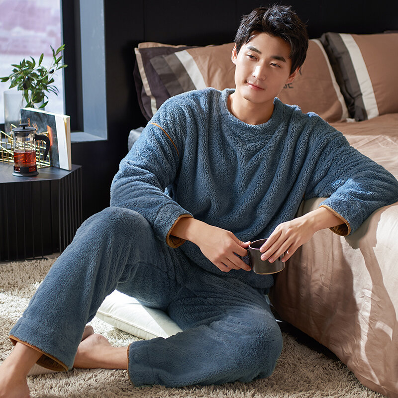 Men's Winter Flannel Pajamas Set Coral Fleece Solid Color Sleepwear Homewear Thick Warm Velvet Male Suit O-Neck Fall Sweatshirt