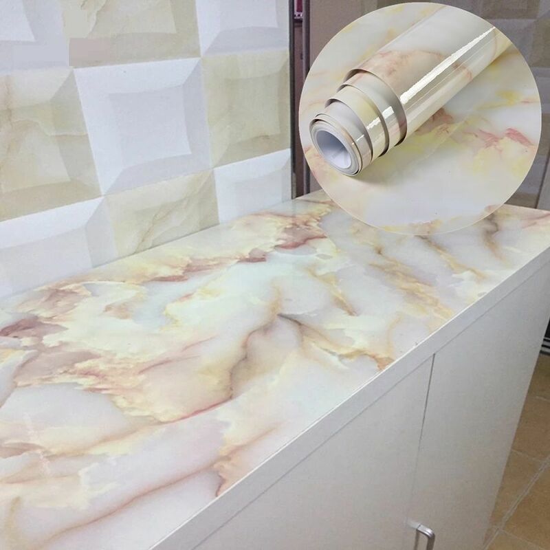 กันน้ำ Renovation ฟิล์มหินอ่อน PVC วอลเปเปอร์ DIY Self Adhesive สติ๊กเกอร์ติดผนังห้องครัวตู้ตกแต่งกระดาษ Decals
