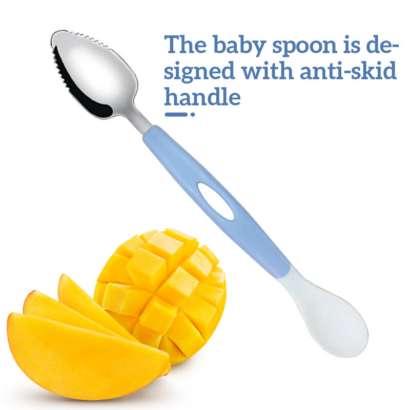 Cuchara de entrenamiento de alimentación de bebé de doble punta para niños, utensilio de raspado de fruta dentada de acero inoxidable, alta calidad, 1 unidad