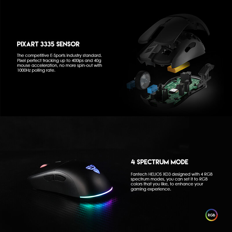 XD3 Mouse Gaming profesional, Mouse nirkabel 2.4G 3335 ergonomis 16000DPI RGB 6 tombol makro untuk Gamer PC