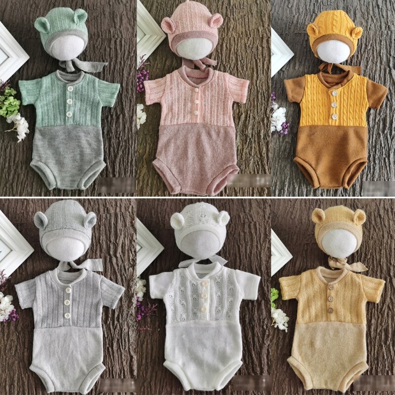 2Pcs Bayi Fotografi Alat Peraga Pakaian Renda Baju Monyet Topi Set Merajut Pakaian Pakaian Bayi Menembak Hadiah Foto