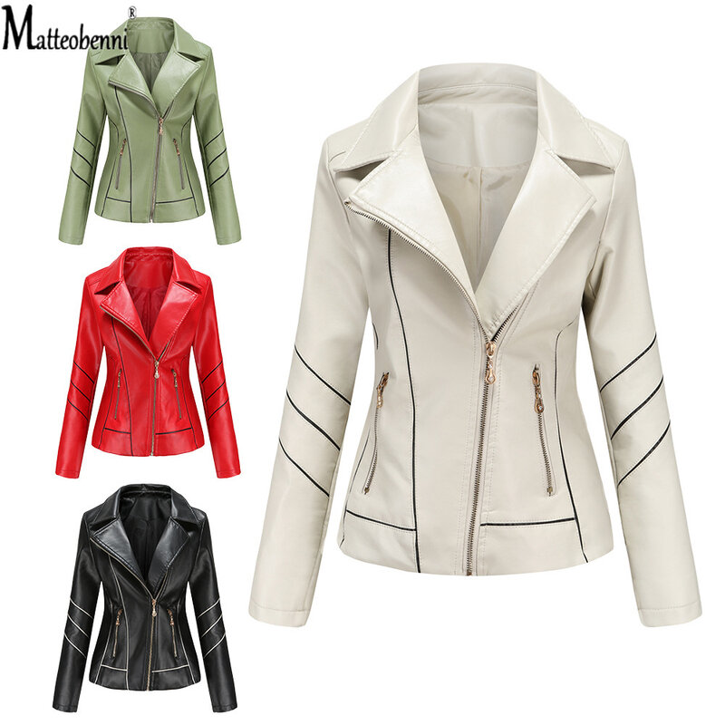 2021 outono inverno jaquetas de couro ecológico feminino casaco de zíper com listras fortes com zíper jaqueta para motociclista vestuário feminino vermelho preto