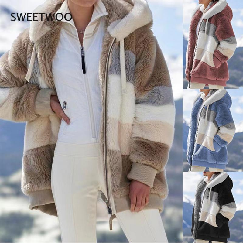 女性用の大きなフェイクファーコート,暖かくて厚いニット生地のコート,カジュアル,冬,コレクション2022