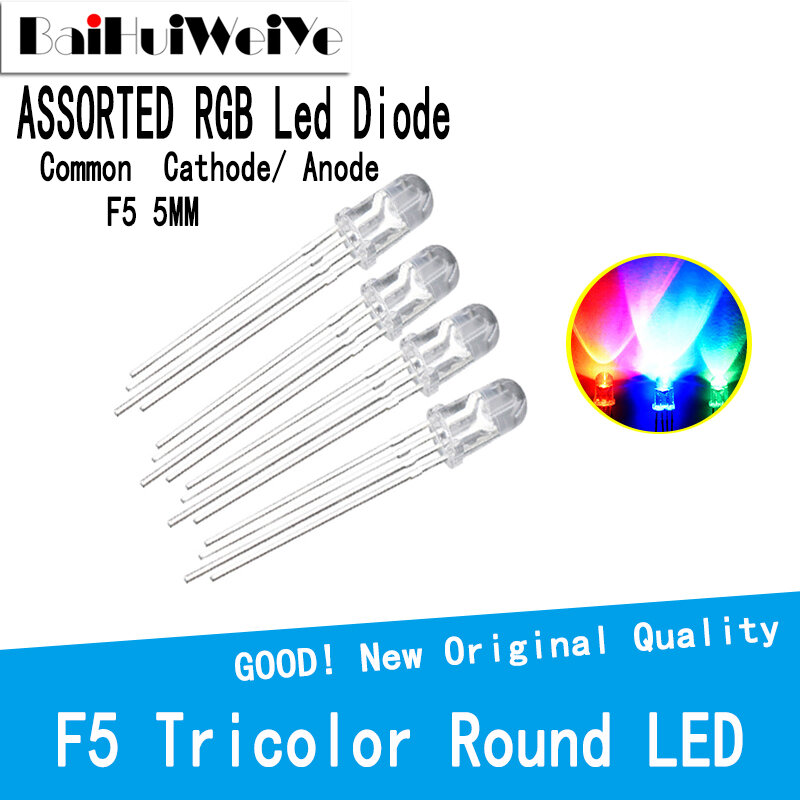 여러 가지 빛깔의 4 핀 F5 RGB Led 다이오드 조명 램프, 삼색 원형 공통 음극 양극 LED 발광 다이오드 빨간색 녹색 파란색 20 개