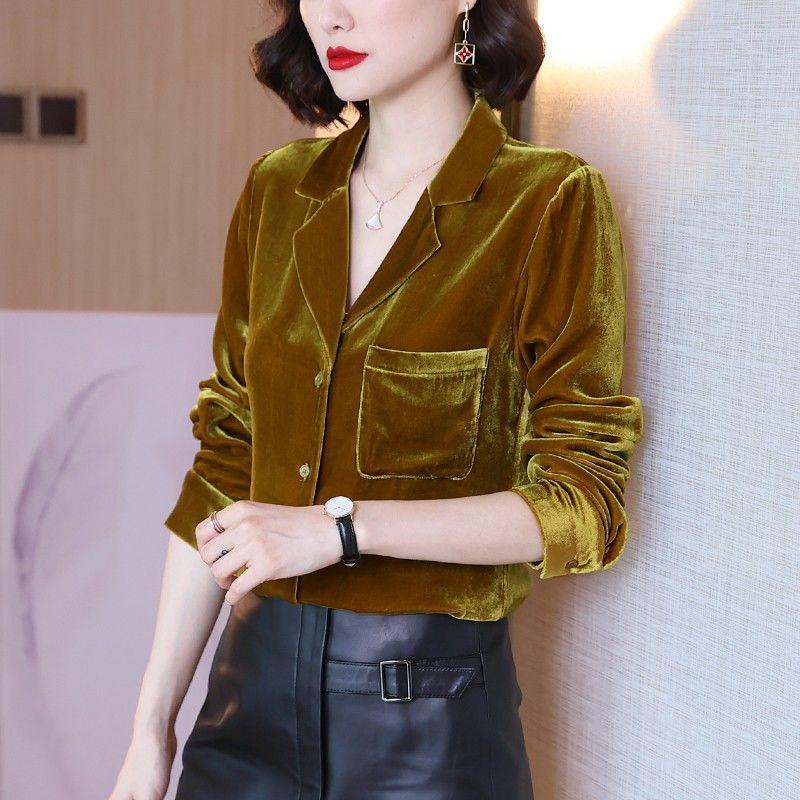 Free Shipping Womens Tops And Blouses Golden Velvet Retro Outwear Casual Notched Solid Color Long Sleeve Comfort Plus Size Shirt