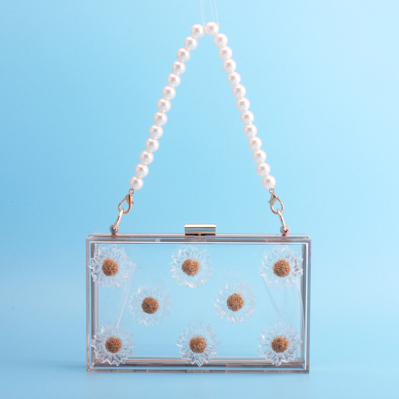 Bolsa de verão transparente acrílica 18x11cm, bolsa com aba e corrente de margaridas, bolsa mensageiro, bolsa de mão para jantar a6139