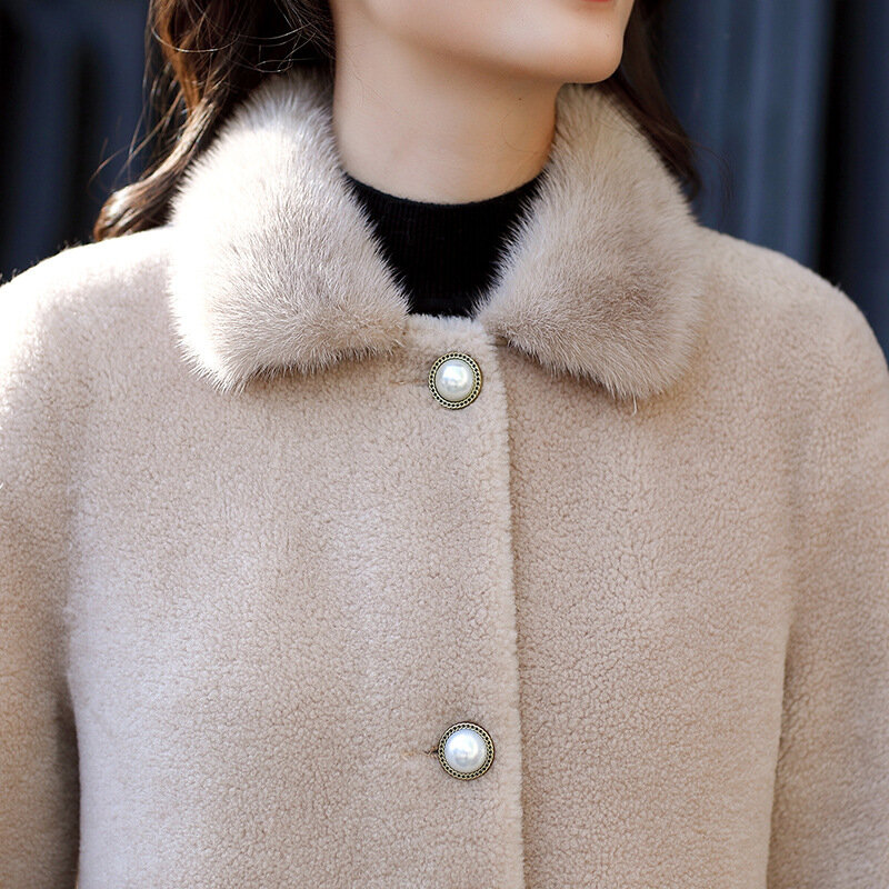 本物の毛皮のコート女性の冬のジャケット羊せん断ウール毛皮のコートの女性ミンクの毛皮の襟ロング韓国服 2020 ZM-18555 KJ5158