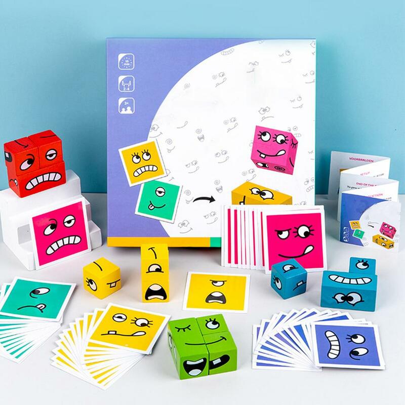 Expressões de madeira brinquedo de madeira cubo mágico rosto padrão blocos de construção educacional montessori brinquedos para crianças diversão 64 cartões