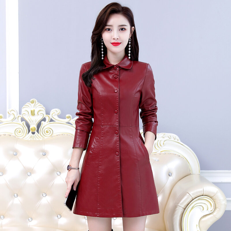 New Spring Fashion Women Long Leather Jacket Female Slim Solid Color Sheepskin Coat Ladys Korean Brand Winter Casual Outwear